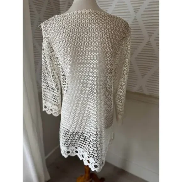Small Cream Lace Knit Croquet Coastal Grandma Dress Overlay or Swim Coverup - Picture 5 of 7